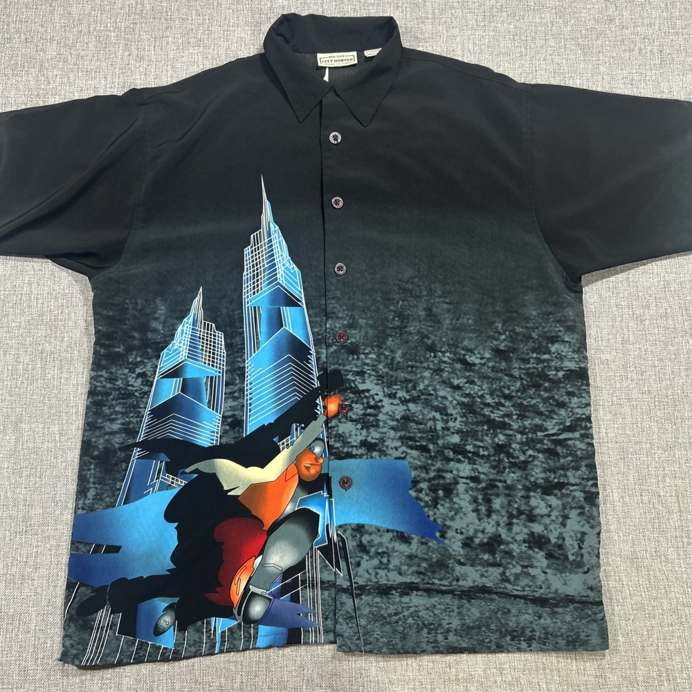 Y2K City Hunter Shirt Sz L World Trade Center Skyline New York Graphic Button